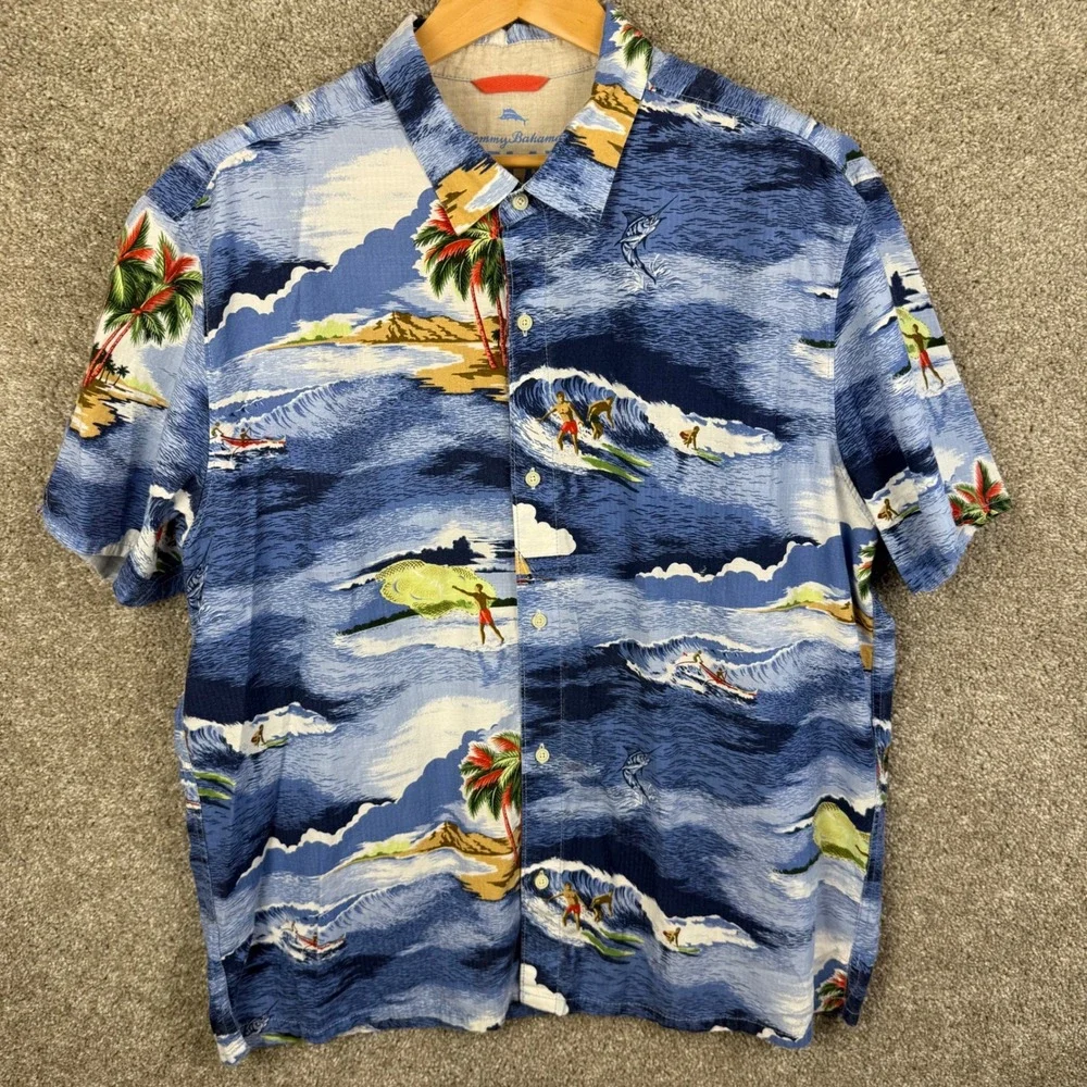 Tommy Bahama Relax Island Modern Fit XL Tropical Surf Print Shirt Blue Tencel